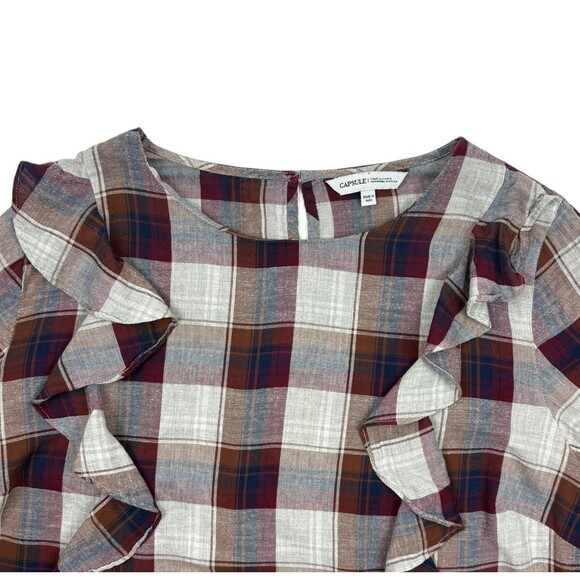 Capsule Plus Ruffle Plaid Blouse Burgundy Navy Cottagecore Prairie Chic 24 - Picture 3 of 14